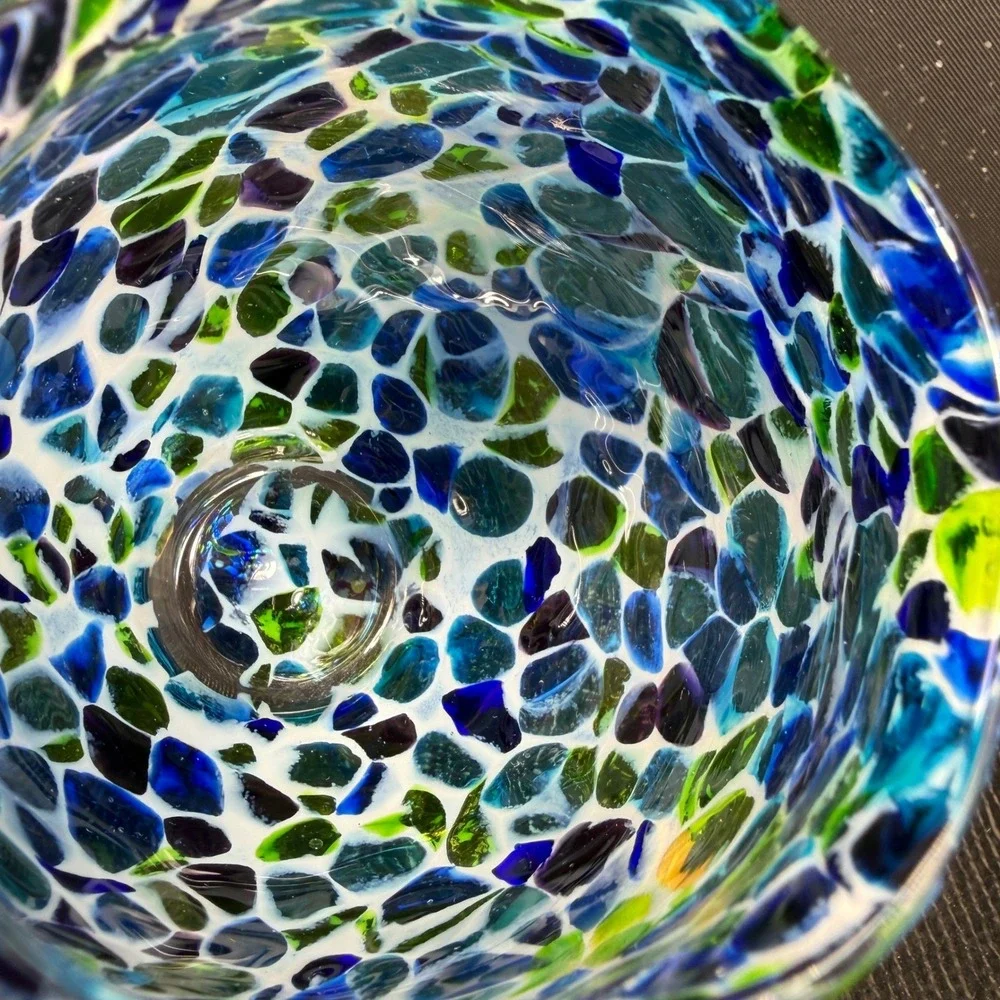 Hand Blown USA Glass Votive Holder Blue Green Purple Confetti Mosaic Cup Glass